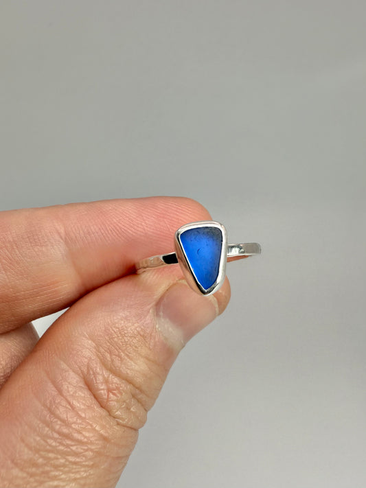 Blue Cornish seaglass ring size N
