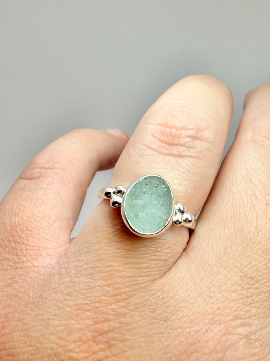 Pale aqua Cornish seaglass ring size N