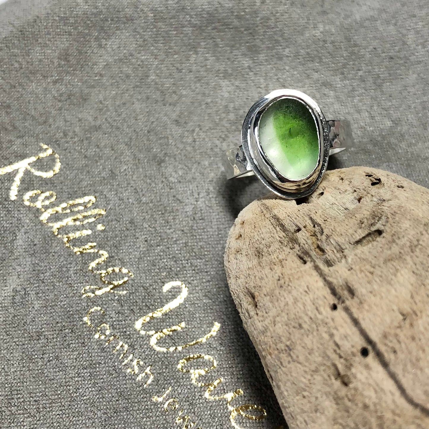Green and white multi sea glass ring size UK M - Sterling silver
