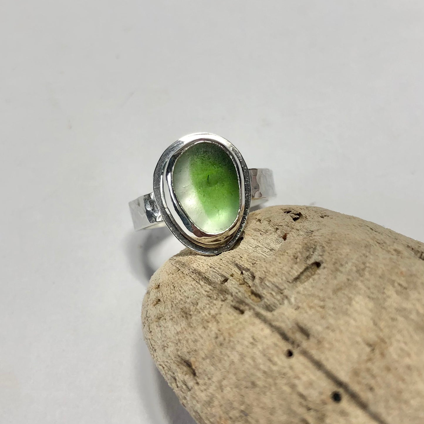 Green and white multi sea glass ring size UK M - Sterling silver