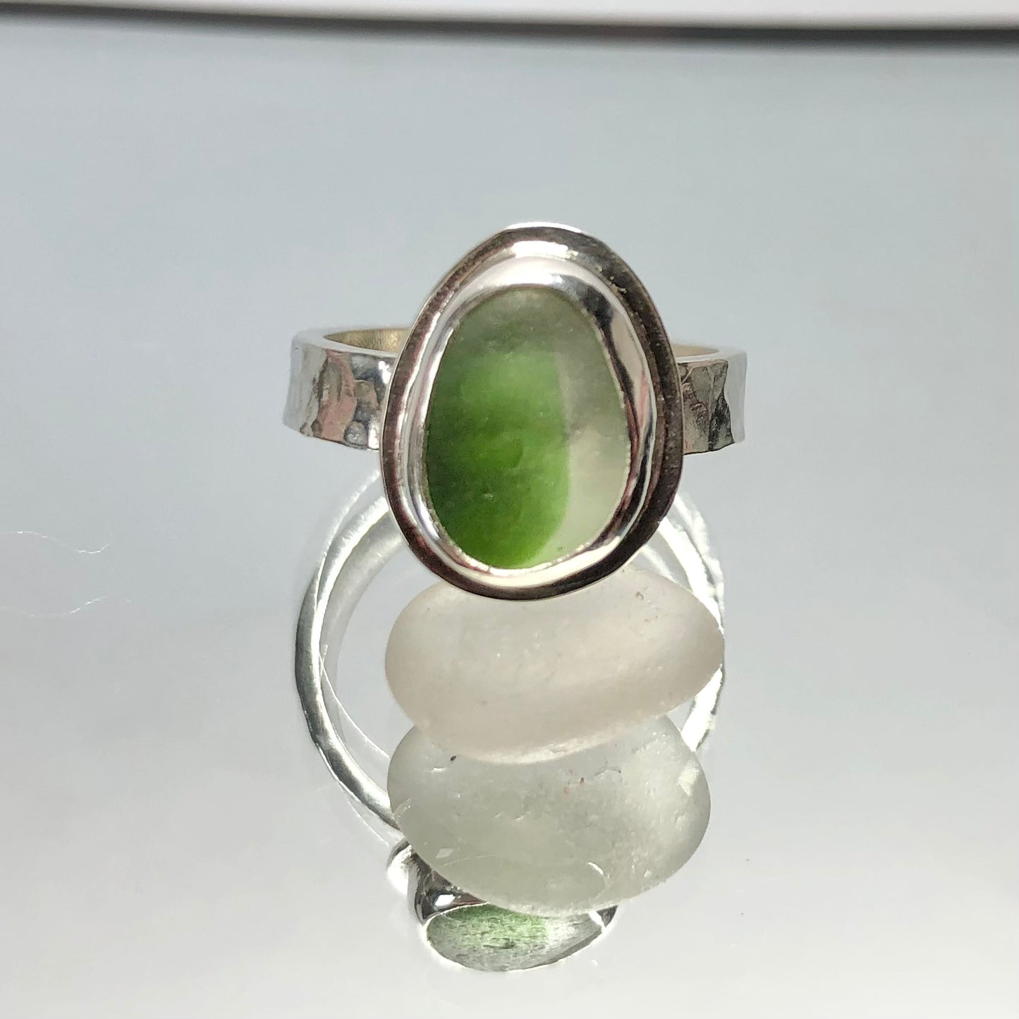 Green and white multi sea glass ring size UK M - Sterling silver