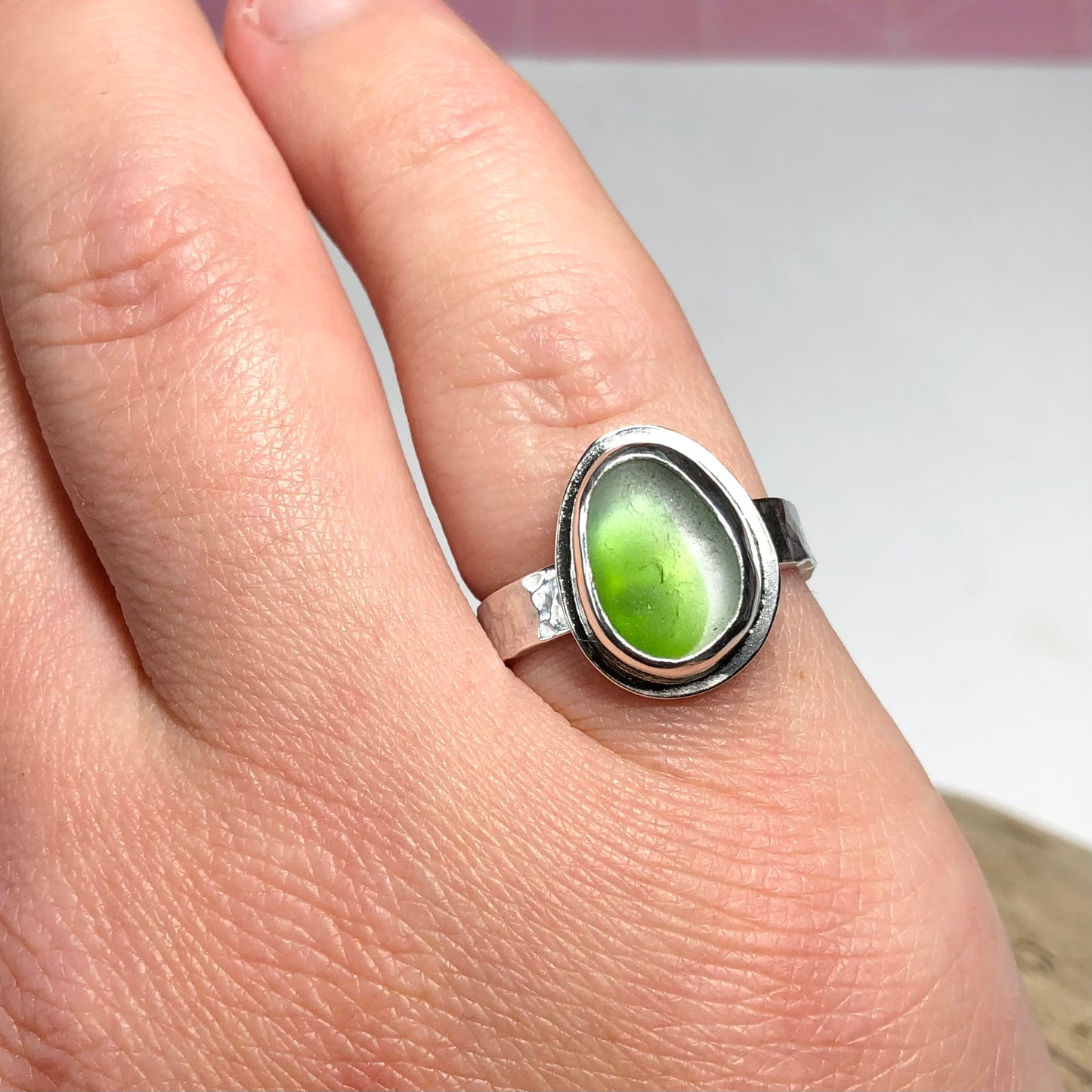 Green and white multi sea glass ring size UK M - Sterling silver