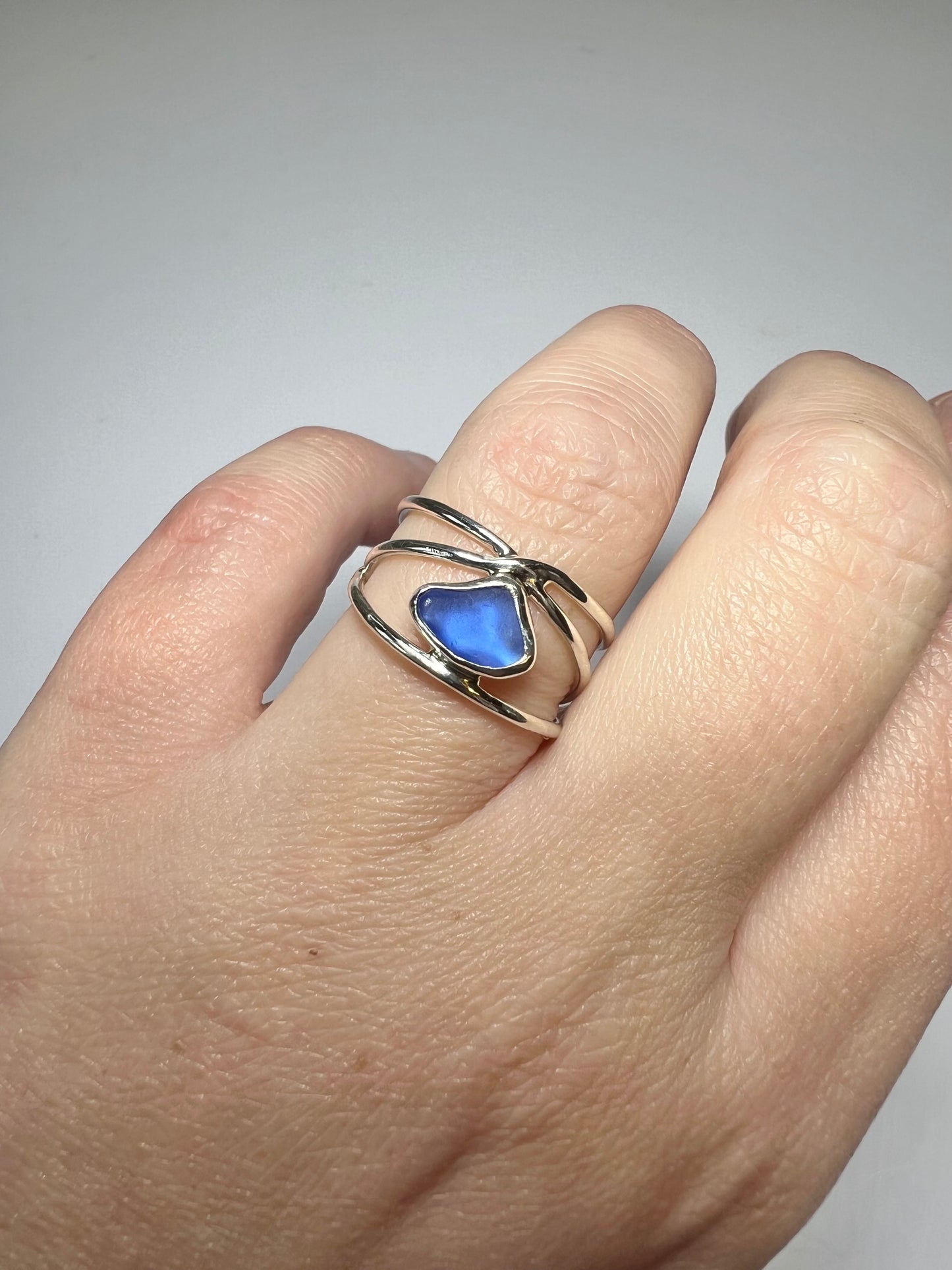 Entangled ring- blue Cornish seaglass size O