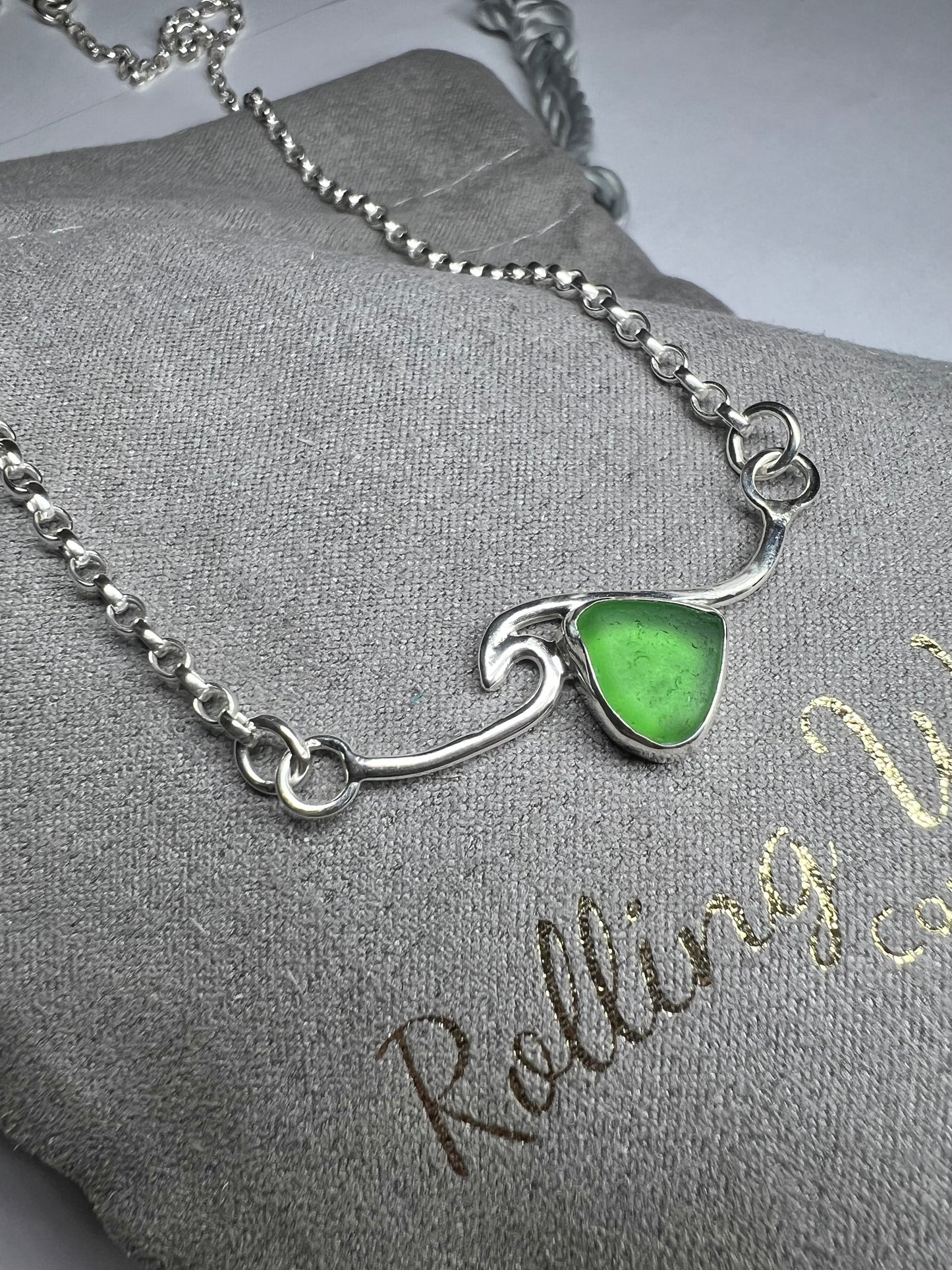 Cornish green seaglass rolling wave necklace