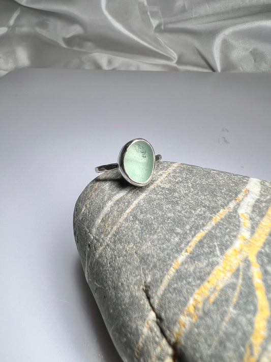 Sea foam green Cornish seaglass ring size L *hallmarked*