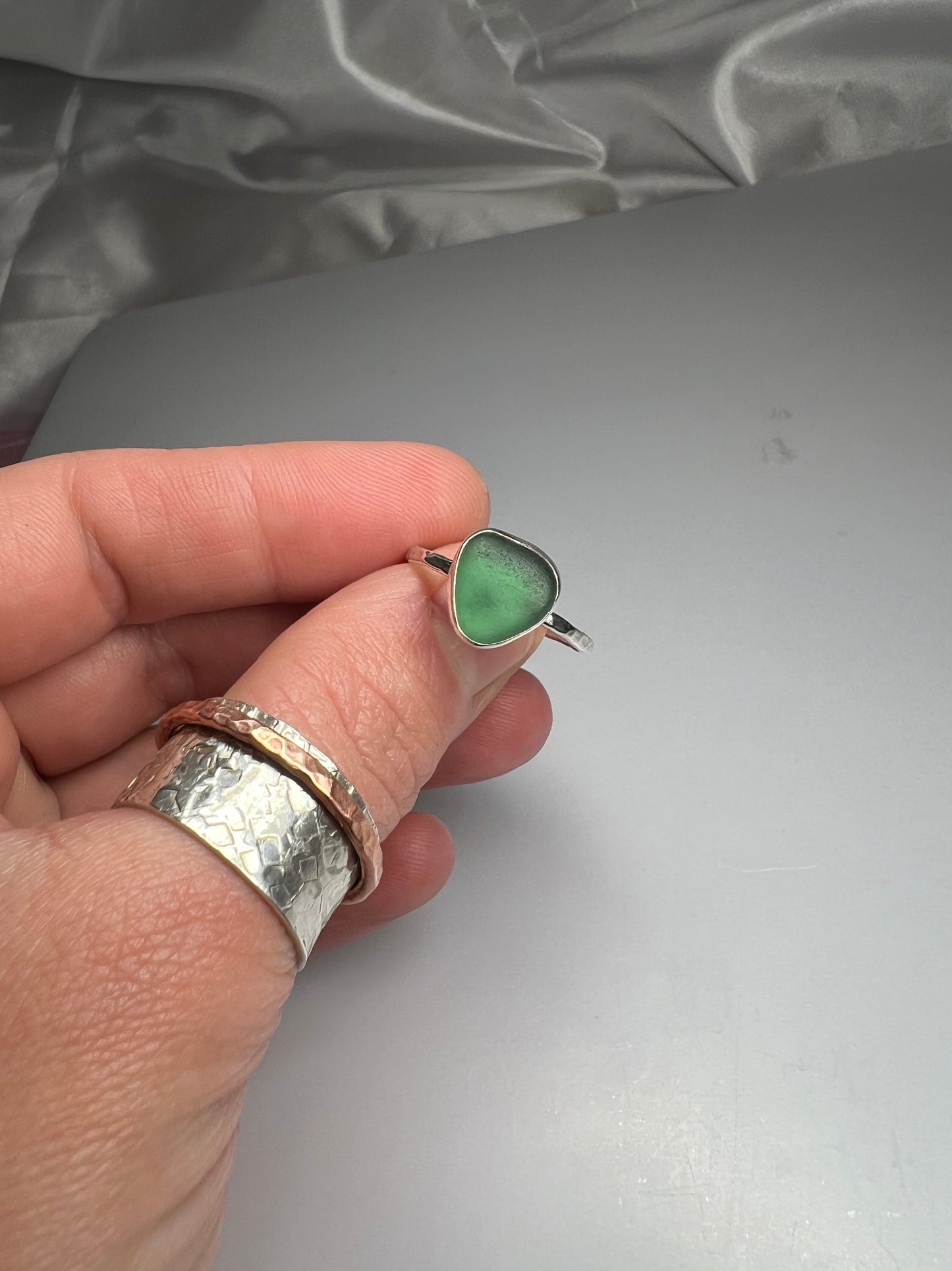 Rare teal Cornish seaglass ring size Q *hallmarked*