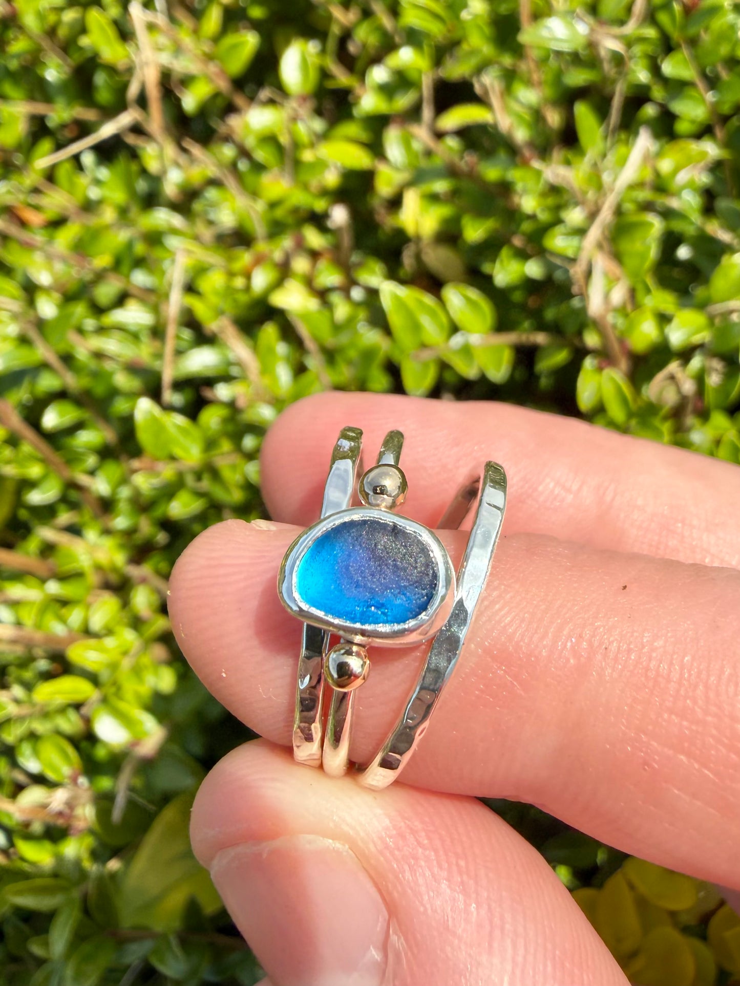 Blue multi seaglass stacking ring set size P