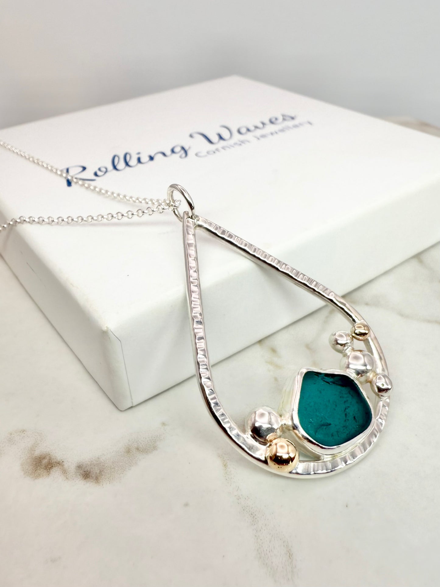 Turquoise Cornish seaglass tear drop necklace 9ct gold & sterling silver