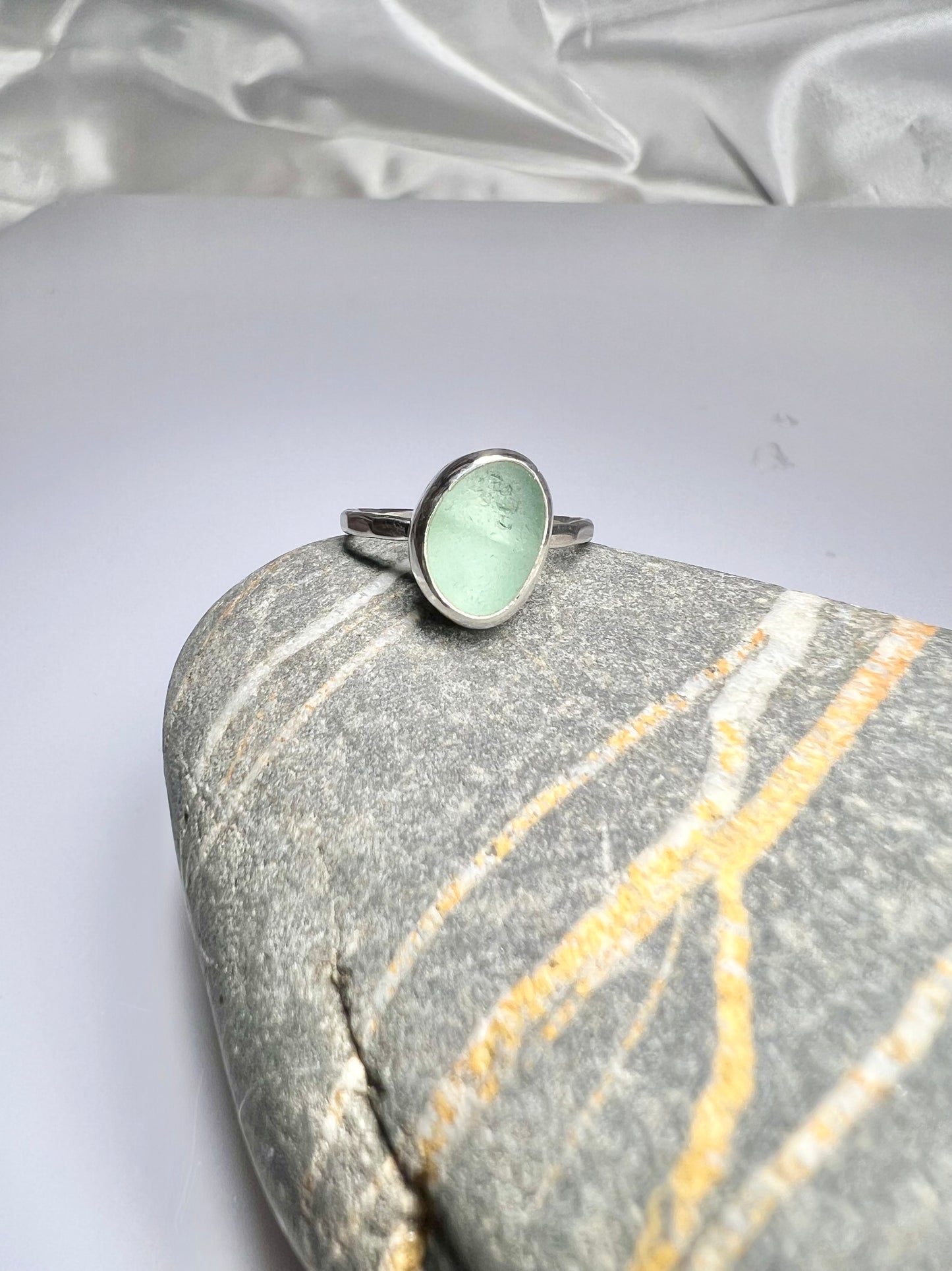 Sea foam green Cornish seaglass ring size L *hallmarked*