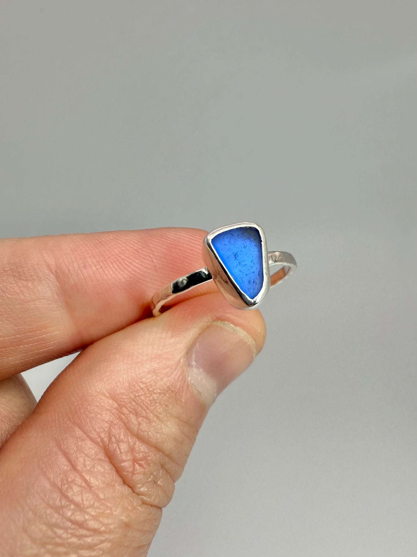 Blue Cornish seaglass ring size N