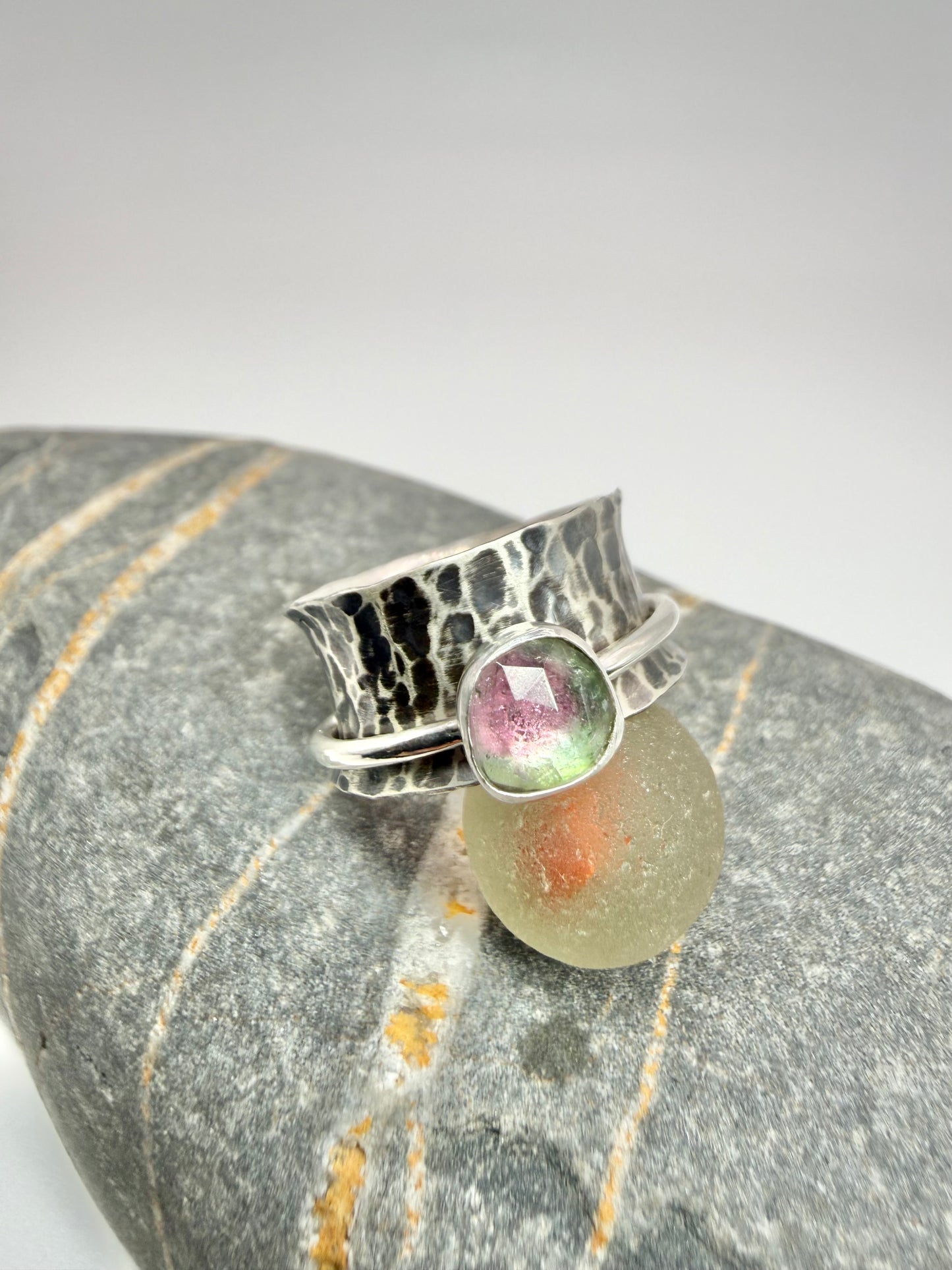 Watermelon tourmaline spinner ring  size N-O