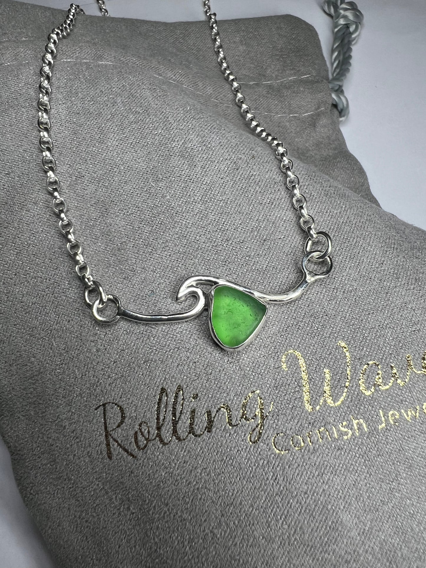 Cornish green seaglass rolling wave necklace