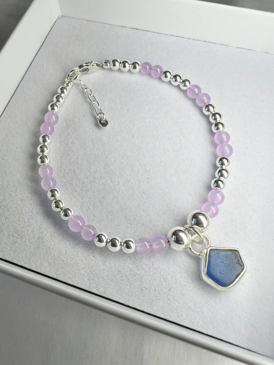 Cobalt blue Cornish seaglass & jade beaded bracelet