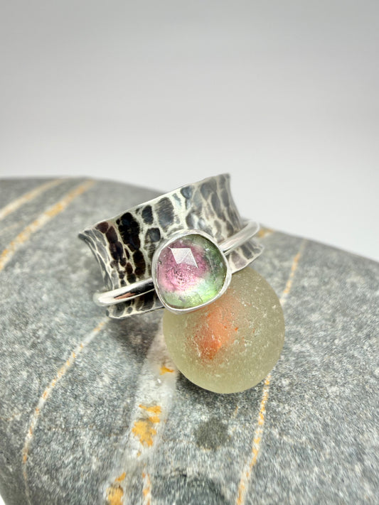Watermelon tourmaline spinner ring  size N-O