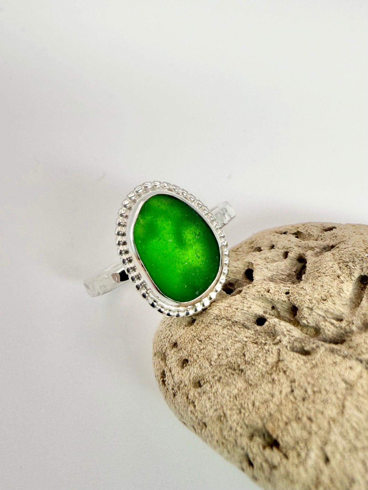 Green Cornish seaglass ring size N