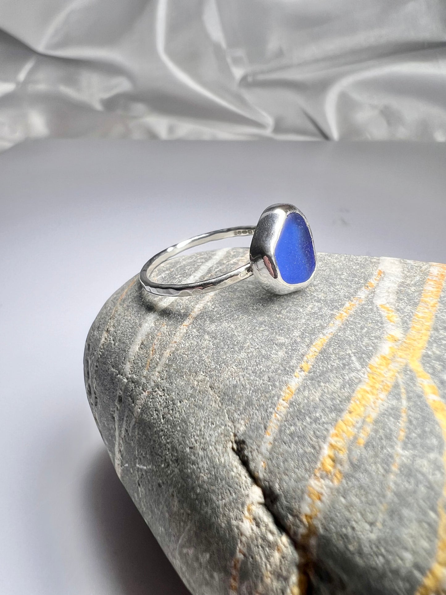 Cobalt blue seaglass ring - size R **HALLMARKED**