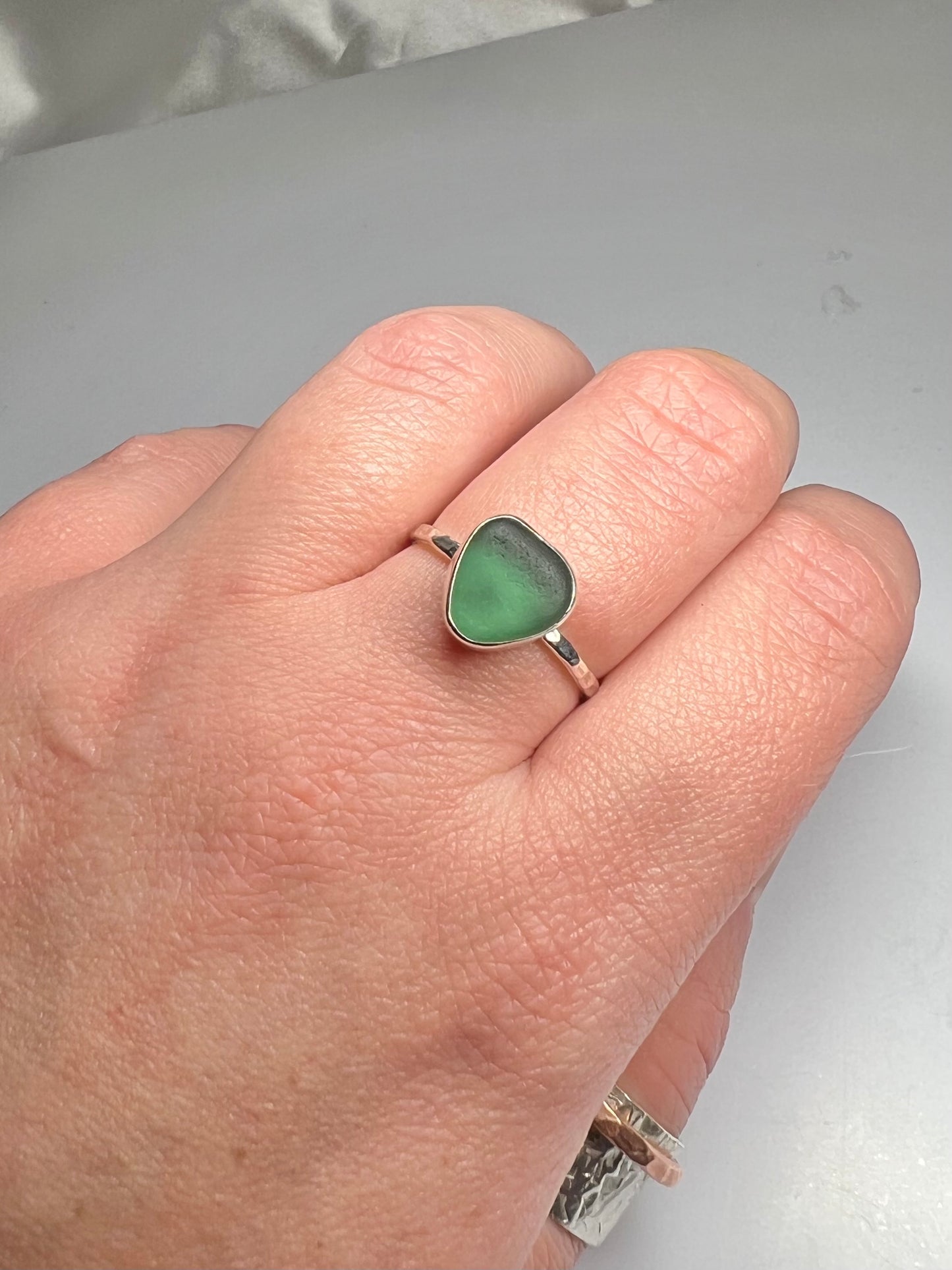 Rare teal Cornish seaglass ring size Q *hallmarked*
