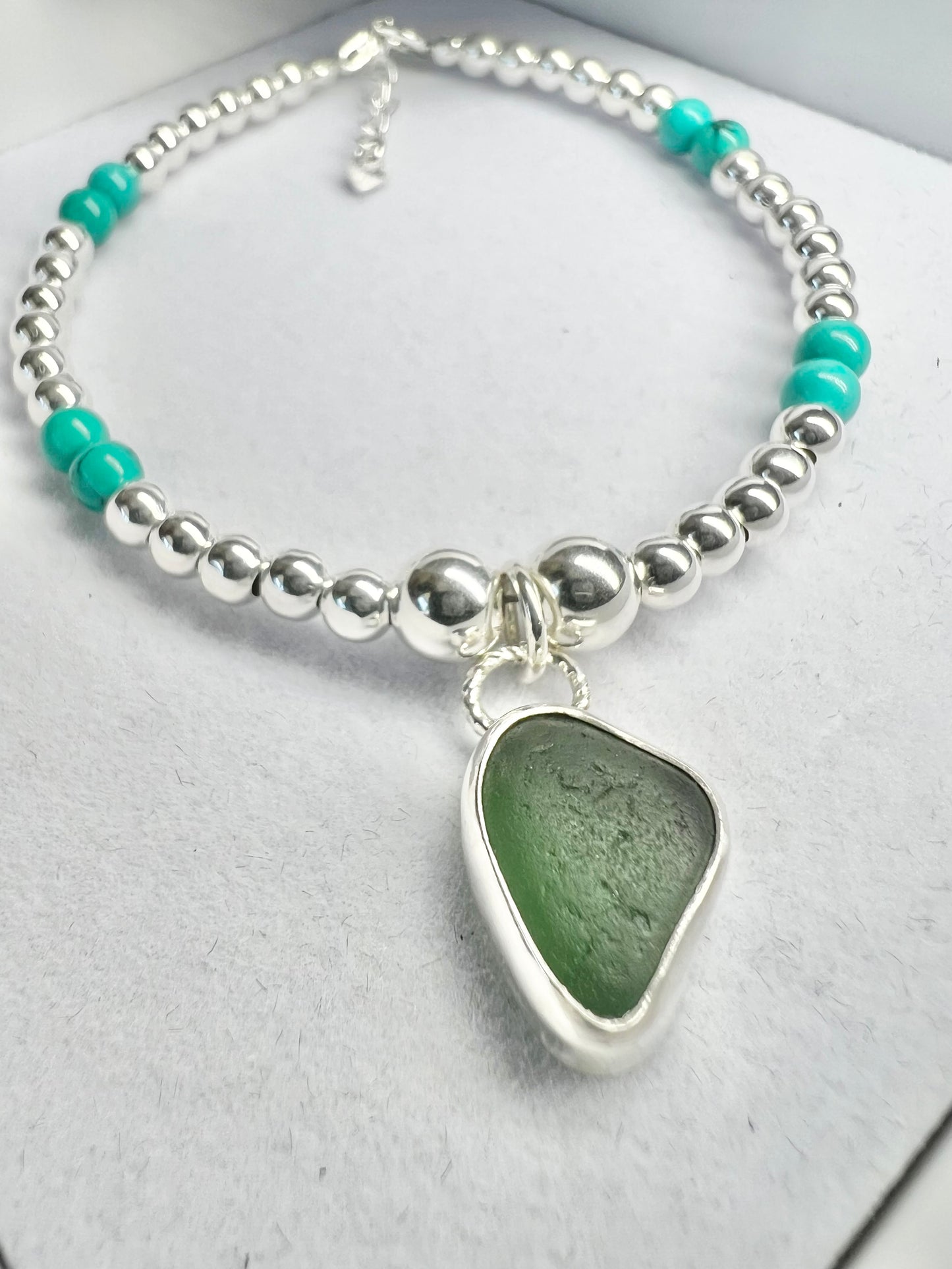 Teal Cornish seaglass & turquoise beaded bracelet