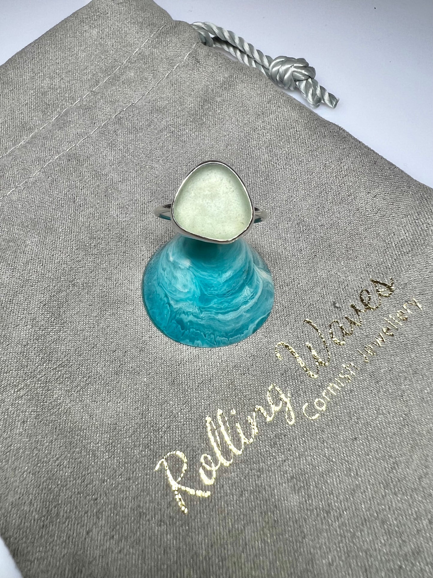 Sea foam green Cornish sea glass ring size P