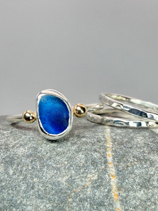 Blue multi seaglass stacking ring set size P