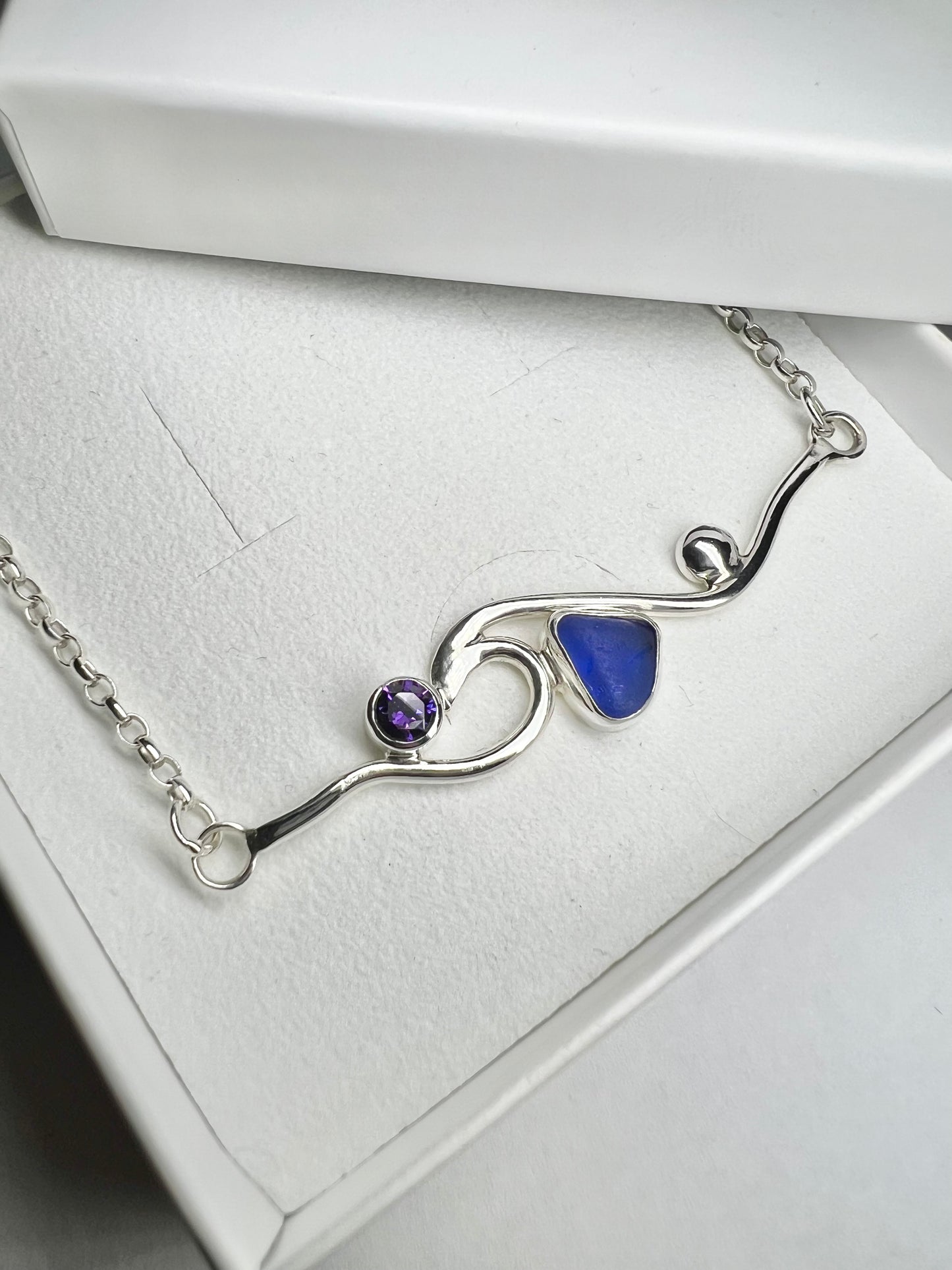 Cornish cobalt blue seaglass and amethyst rolling wave necklace **Hallmarked**