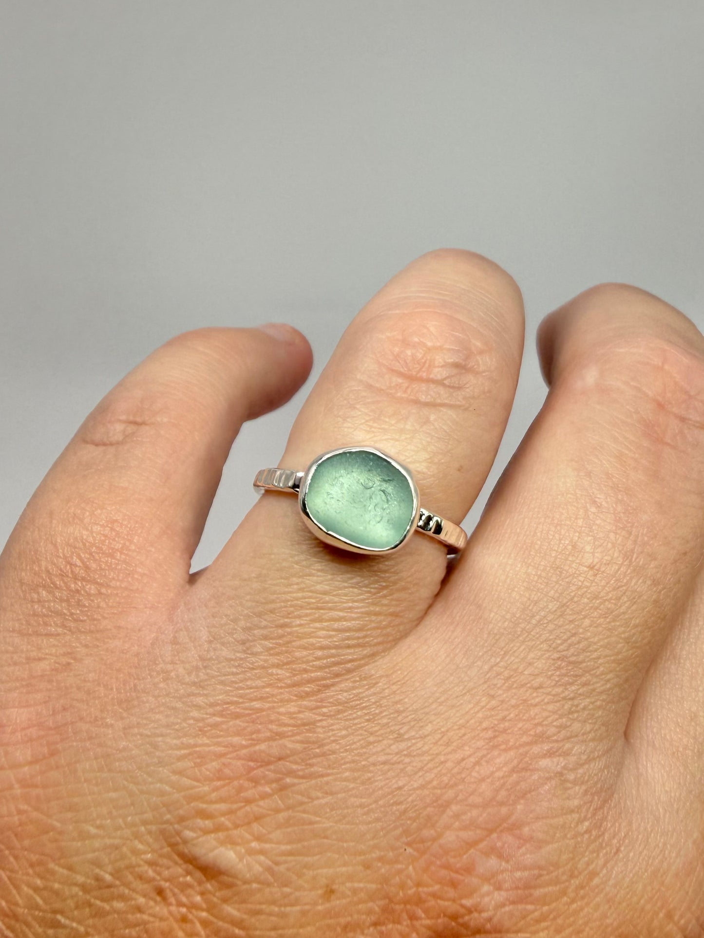 Aqua Cornish seaglass ring size P
