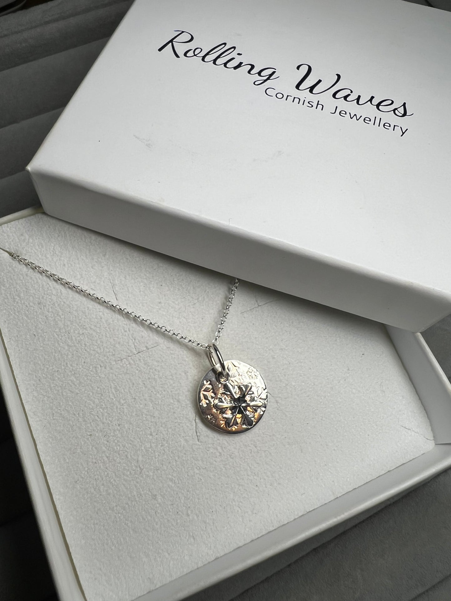 Snowflake disc necklace with snowflake charm (sterling silver)