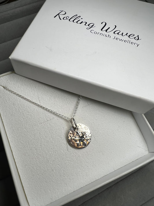 Snowflake disc necklace with snowflake charm (sterling silver)
