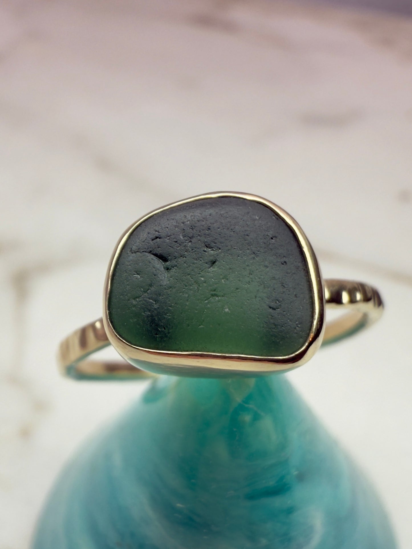 9ct gold & Cornish teal sea glass ring UK size O **Hallmarked**