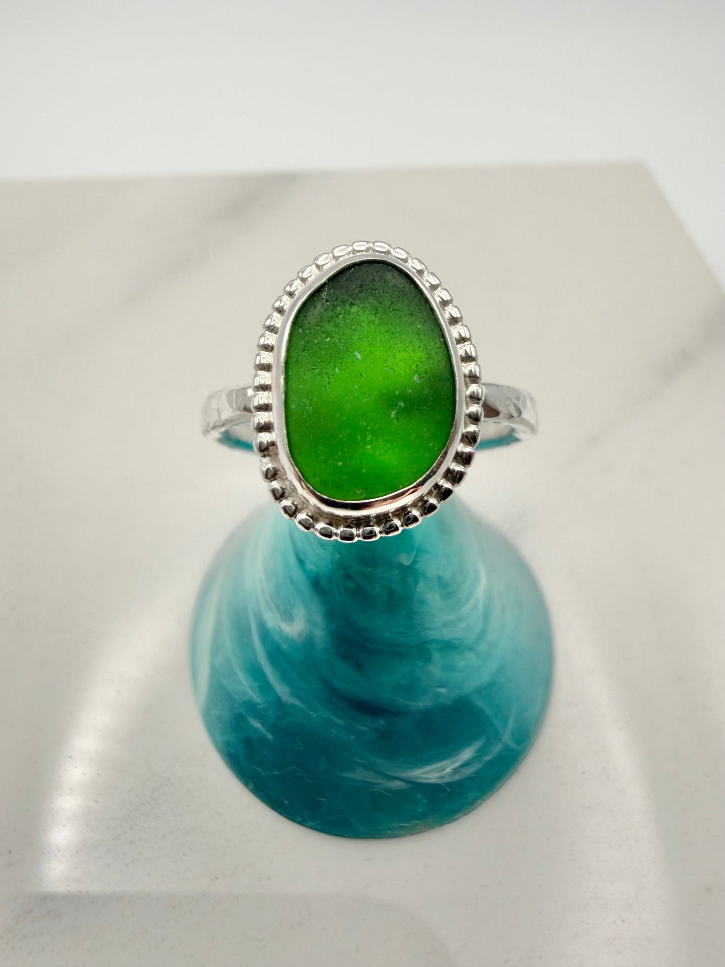 Green Cornish seaglass ring size N