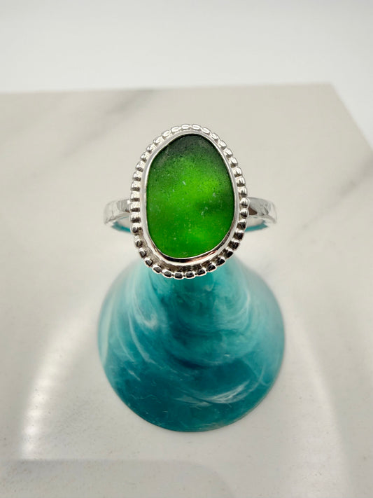 Green Cornish seaglass ring size N