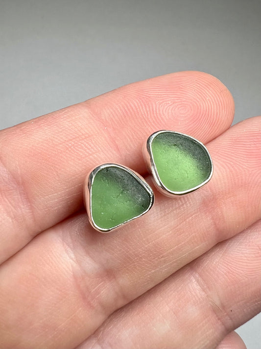 Green Cornish seaglass studs