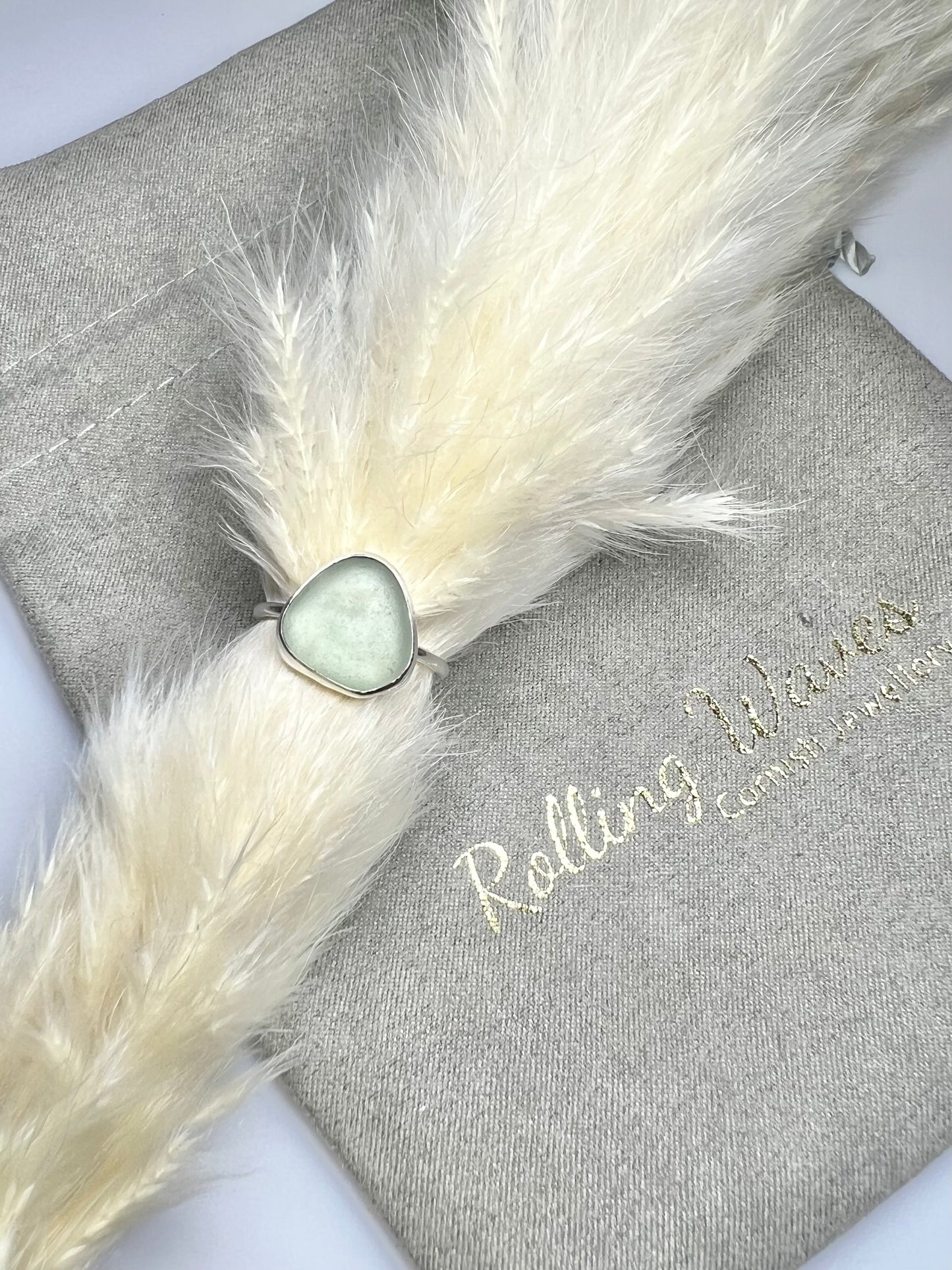 Sea foam green Cornish sea glass ring size P