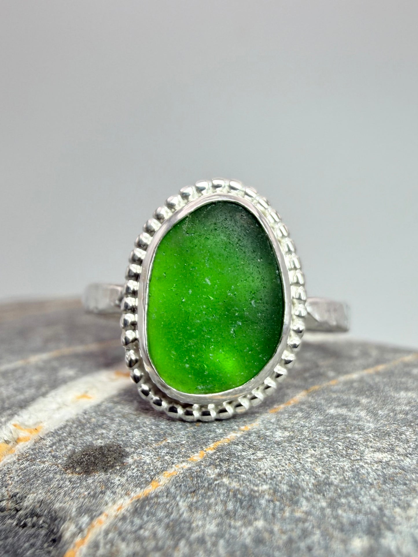 Green Cornish seaglass ring size N