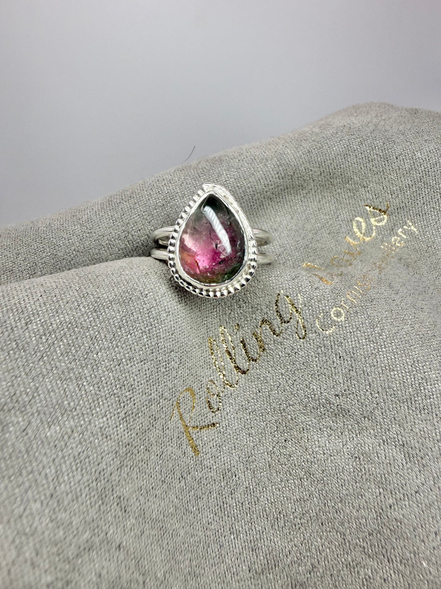 ‘Aurora ring’ Watermelon tourmaline double banded ring size M