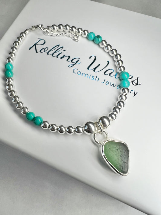 Teal Cornish seaglass & turquoise beaded bracelet
