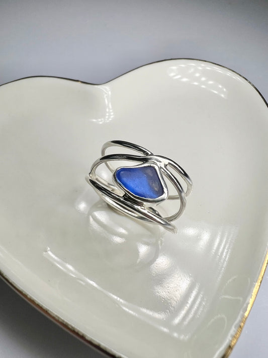 Entangled ring- blue Cornish seaglass size O