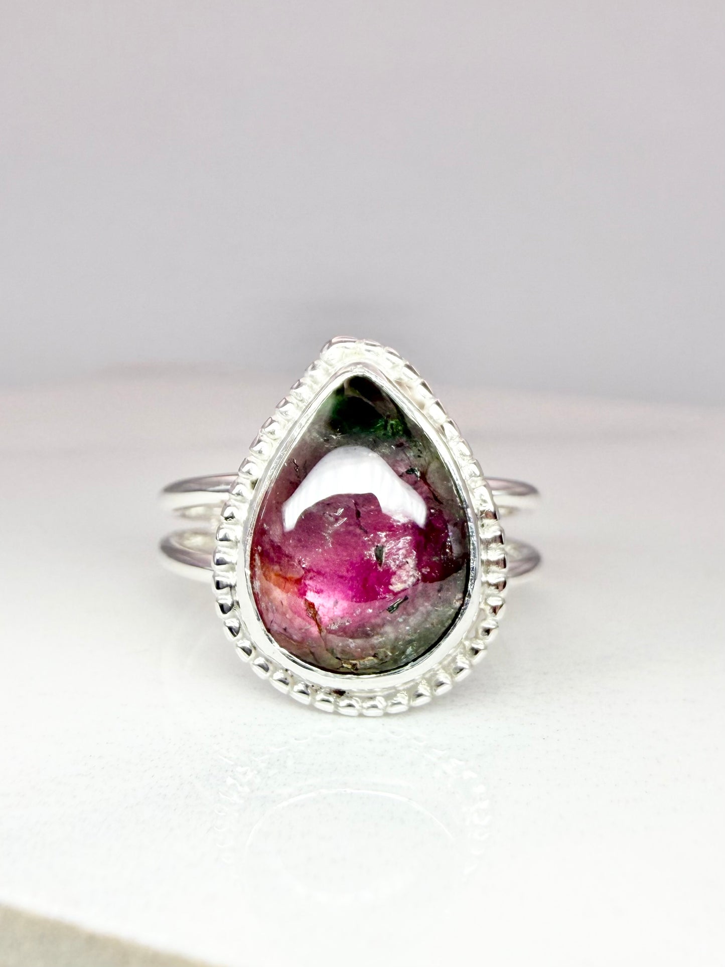 ‘Aurora ring’ Watermelon tourmaline double banded ring size M