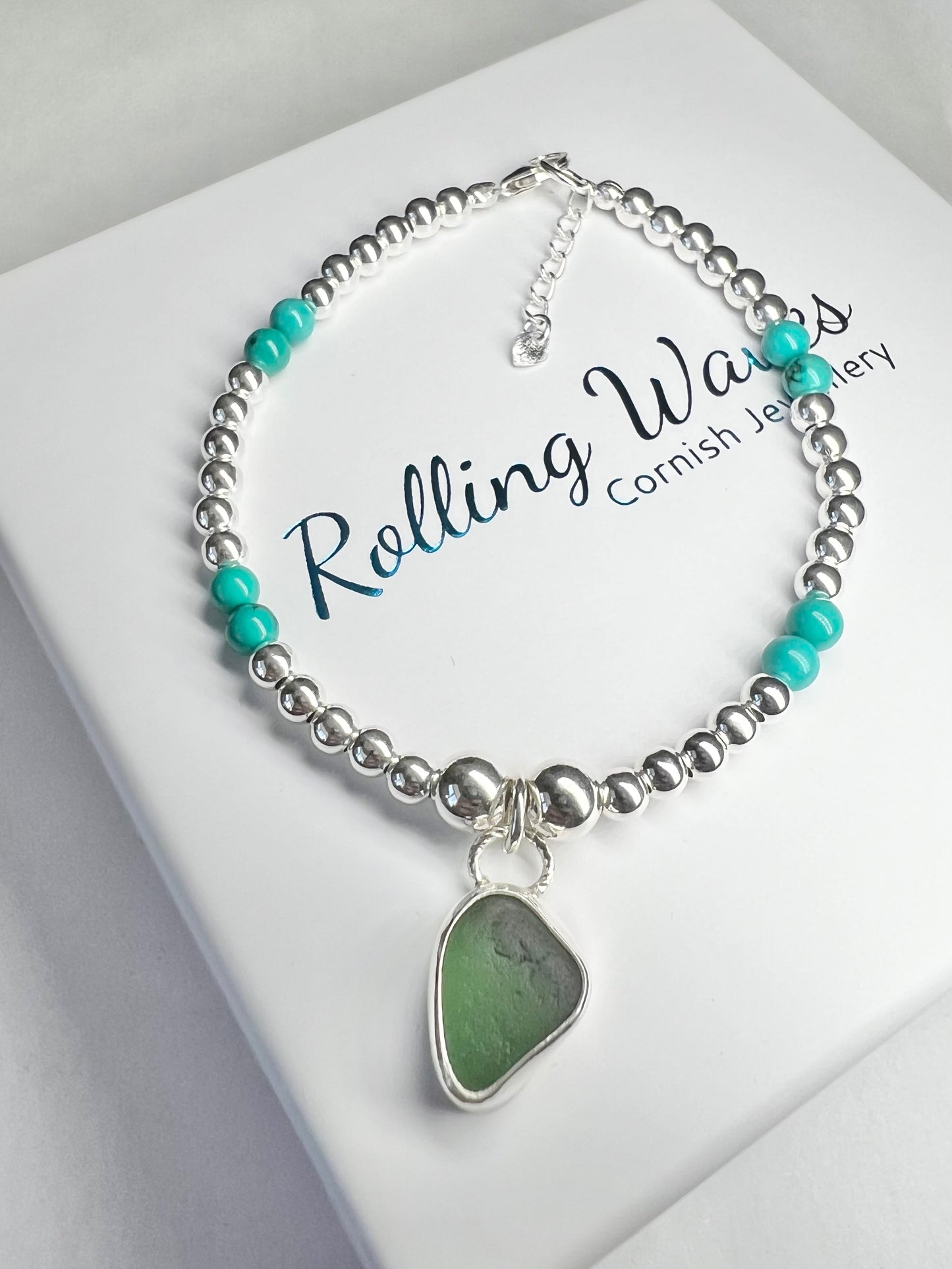 Teal Cornish seaglass & turquoise beaded bracelet