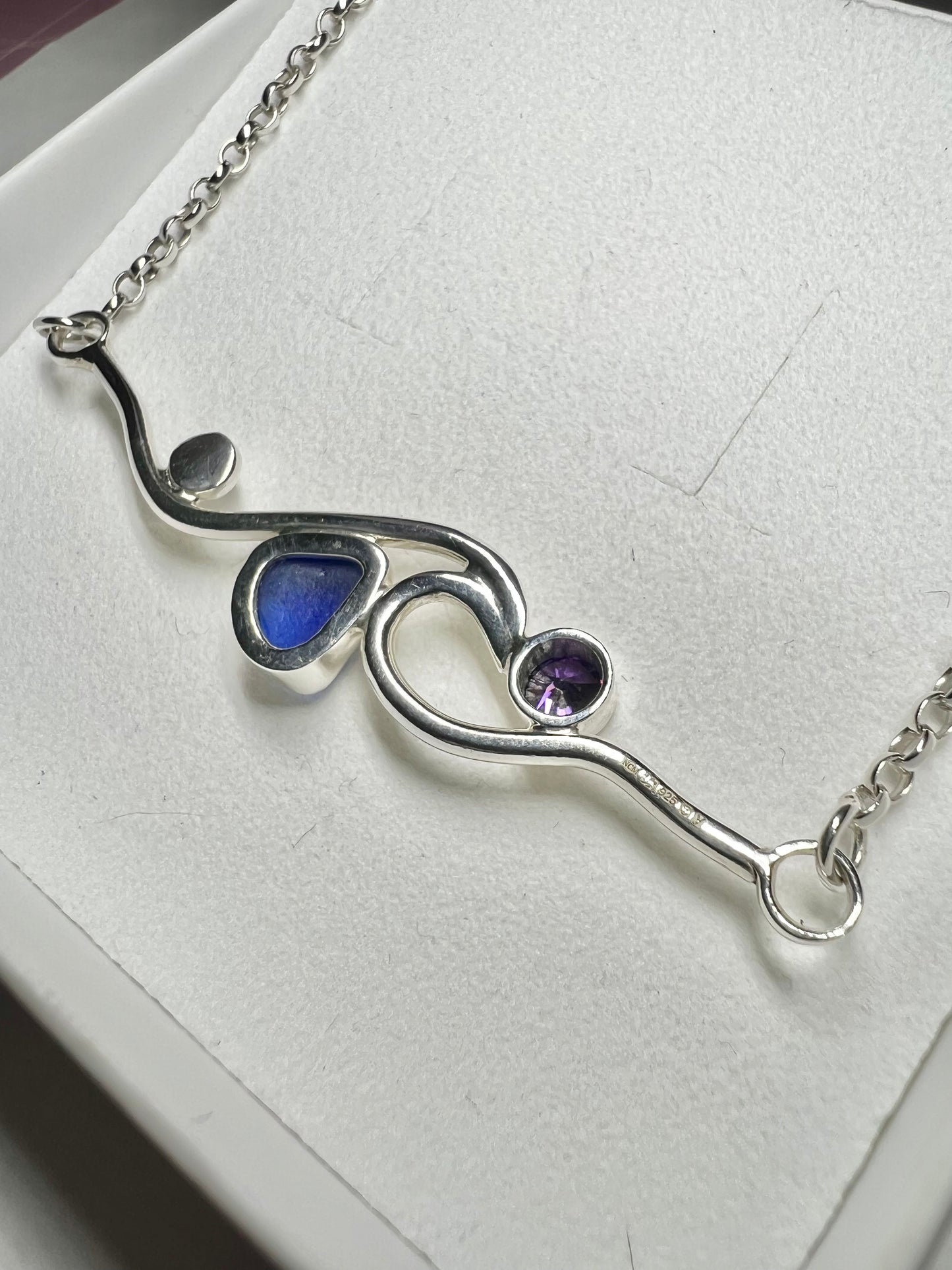 Cornish cobalt blue seaglass and amethyst rolling wave necklace **Hallmarked**