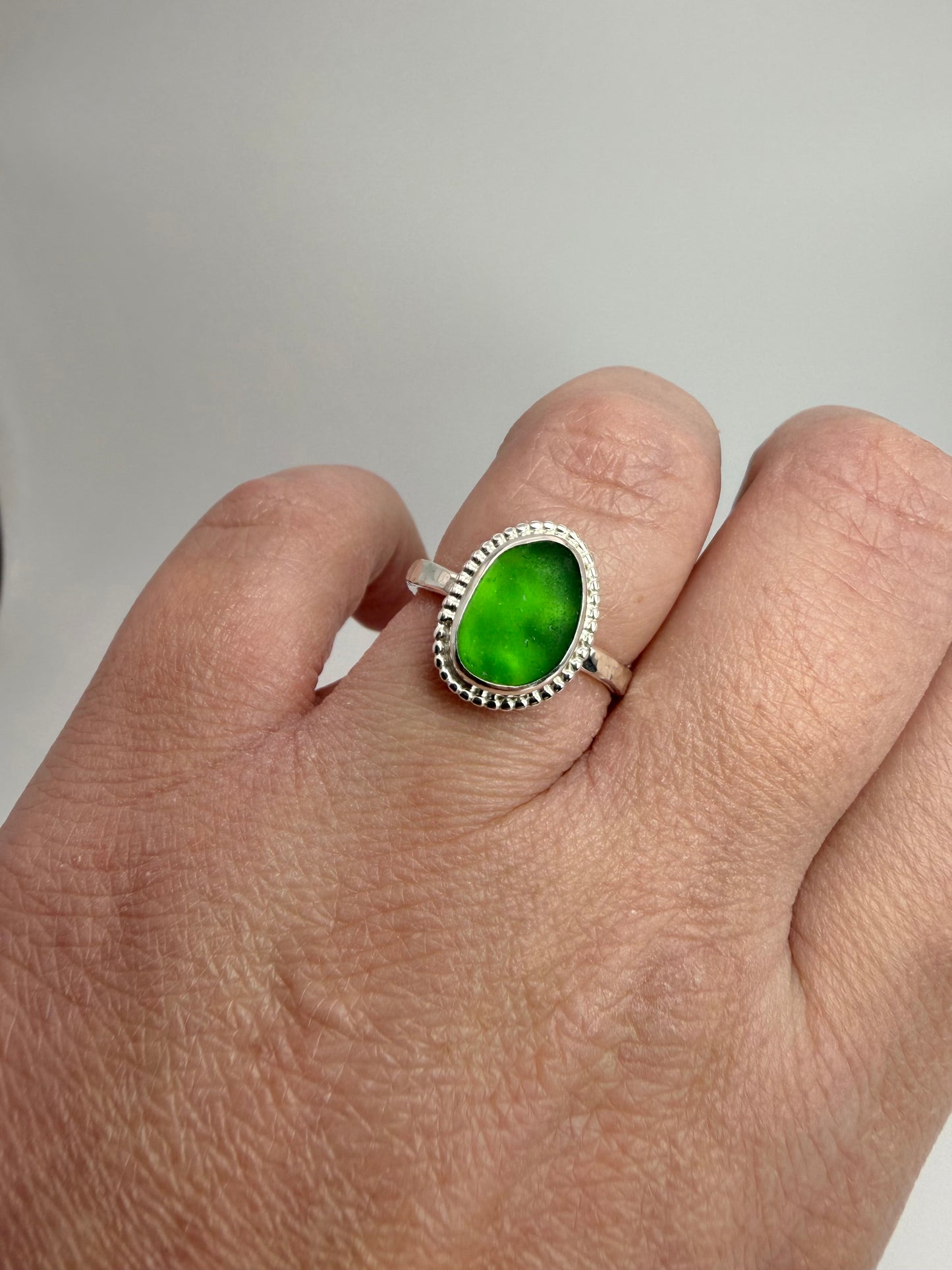 Green Cornish seaglass ring size N