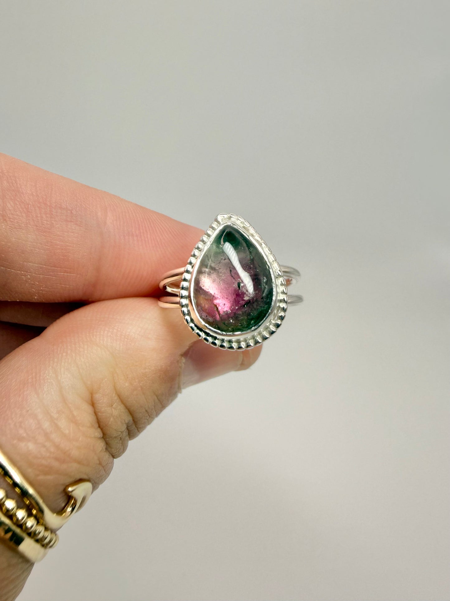 ‘Aurora ring’ Watermelon tourmaline double banded ring size M