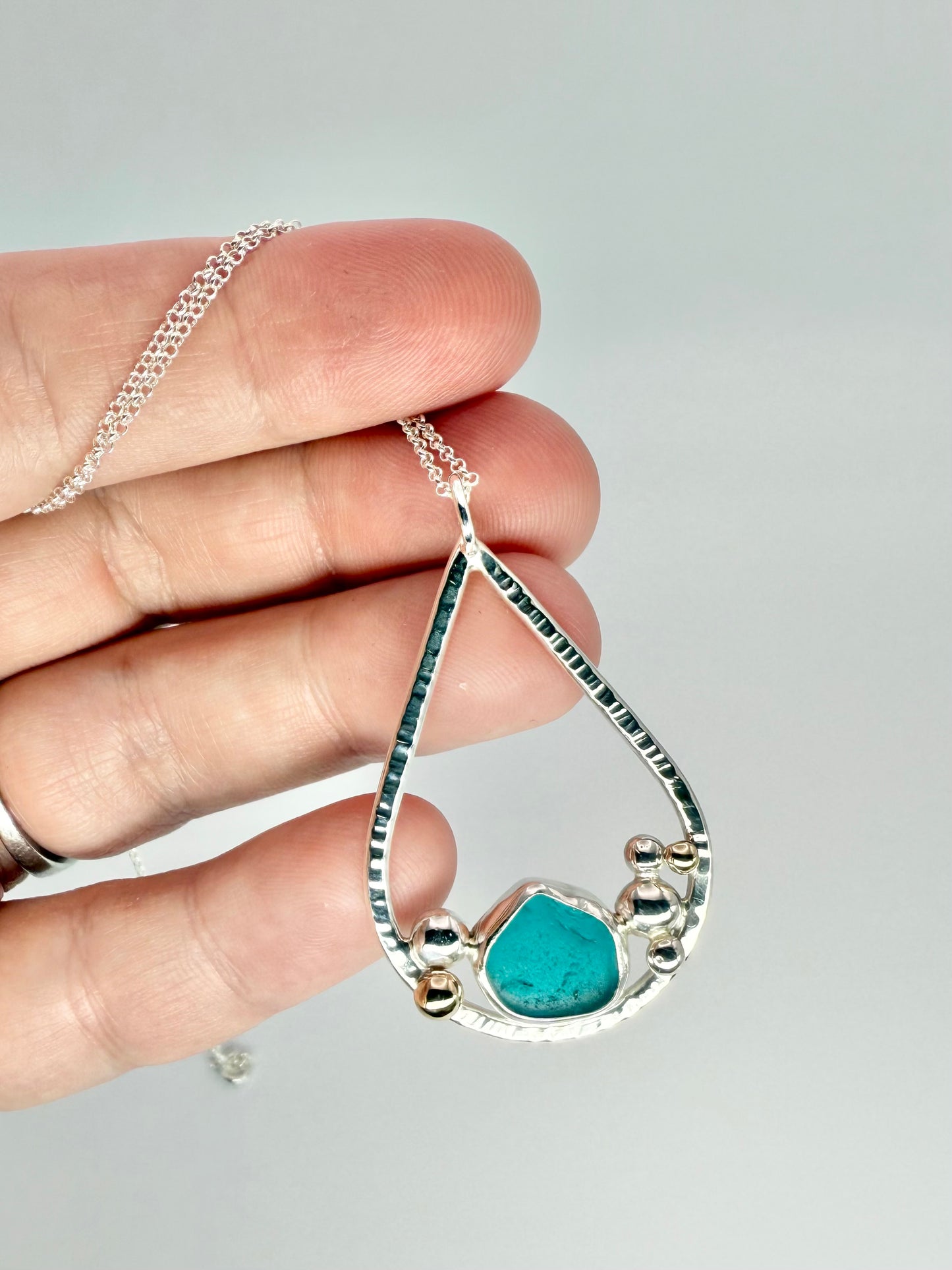 Turquoise Cornish seaglass tear drop necklace 9ct gold & sterling silver
