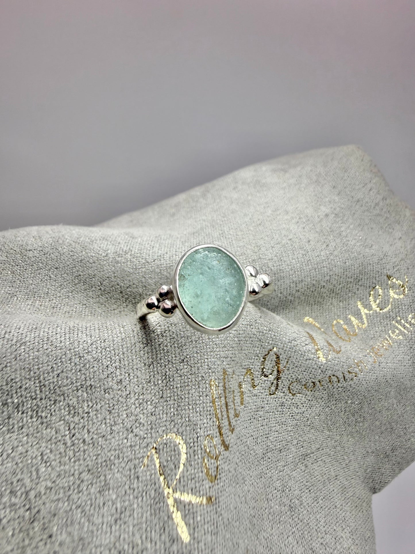 Pale aqua Cornish seaglass ring size N