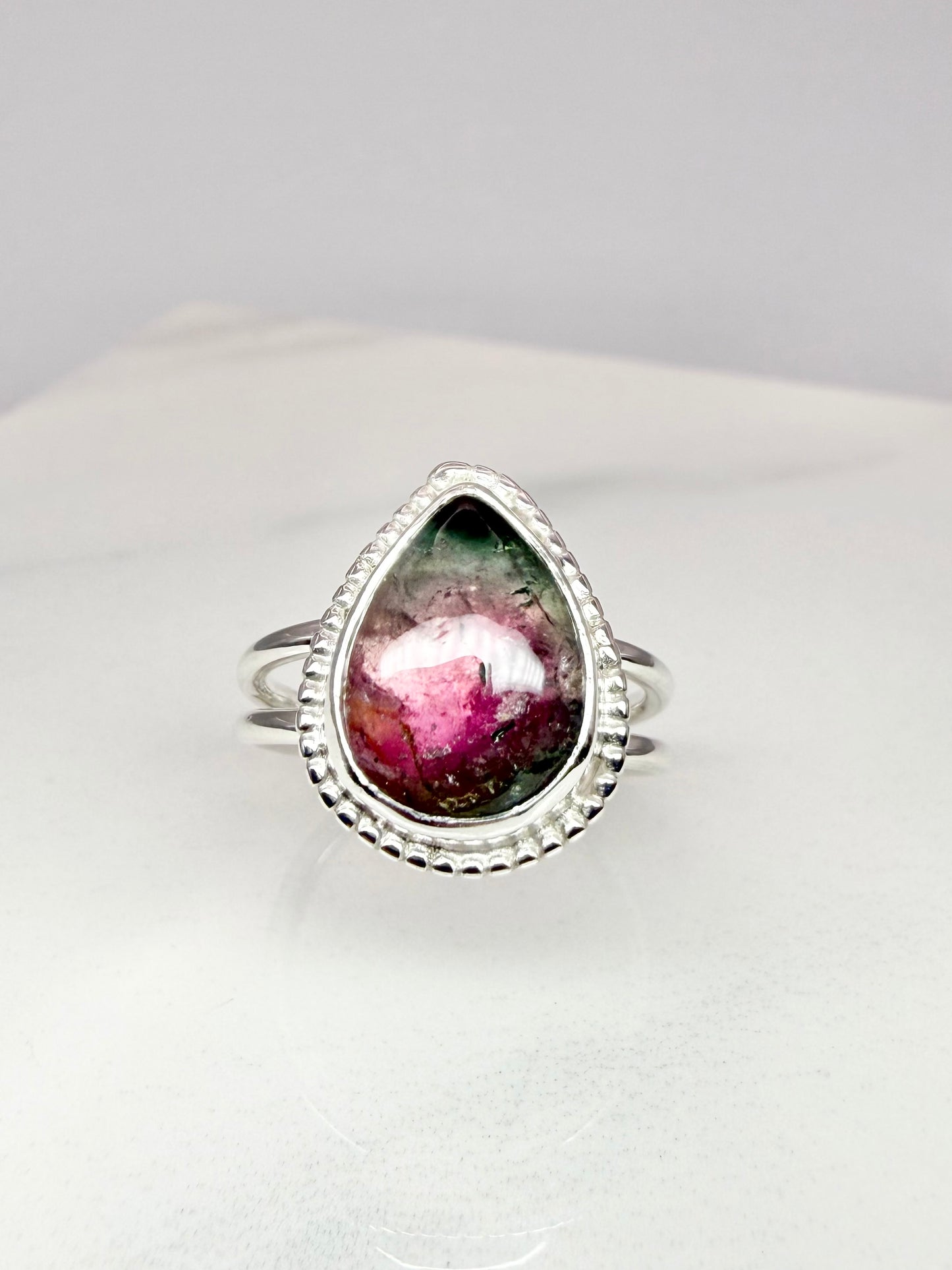 ‘Aurora ring’ Watermelon tourmaline double banded ring size M