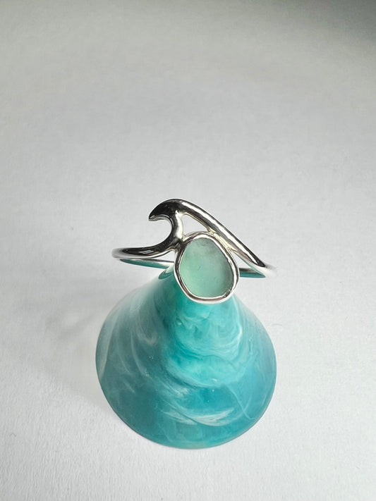 Teal Cornish seaglass wave ring UK size Q1/2