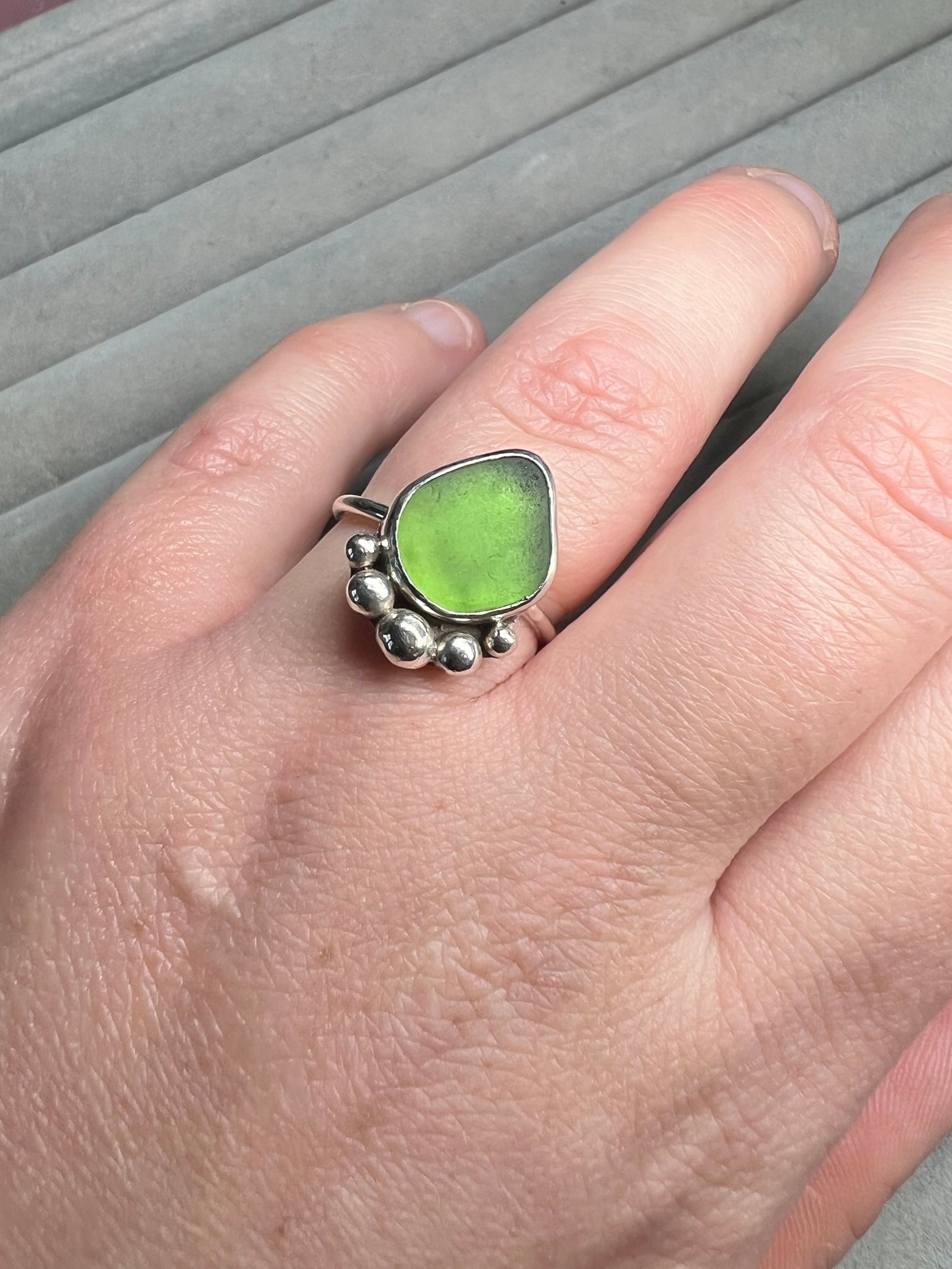 Green Cornish seaglass bubble ring UK size N