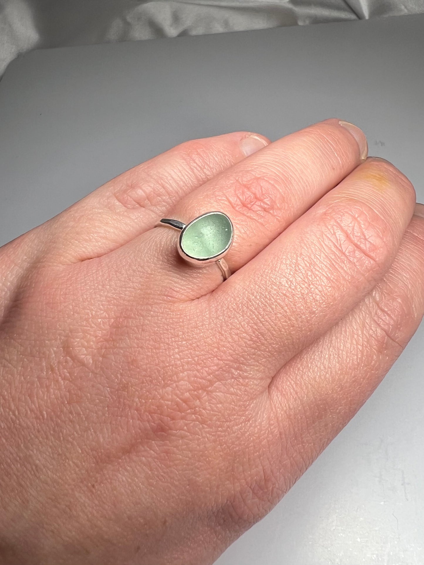 Sea foam green Cornish seaglass ring size L *hallmarked*