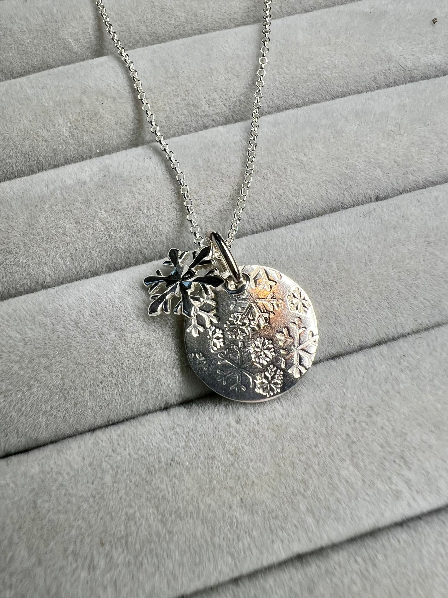 Snowflake disc necklace with snowflake charm (sterling silver)