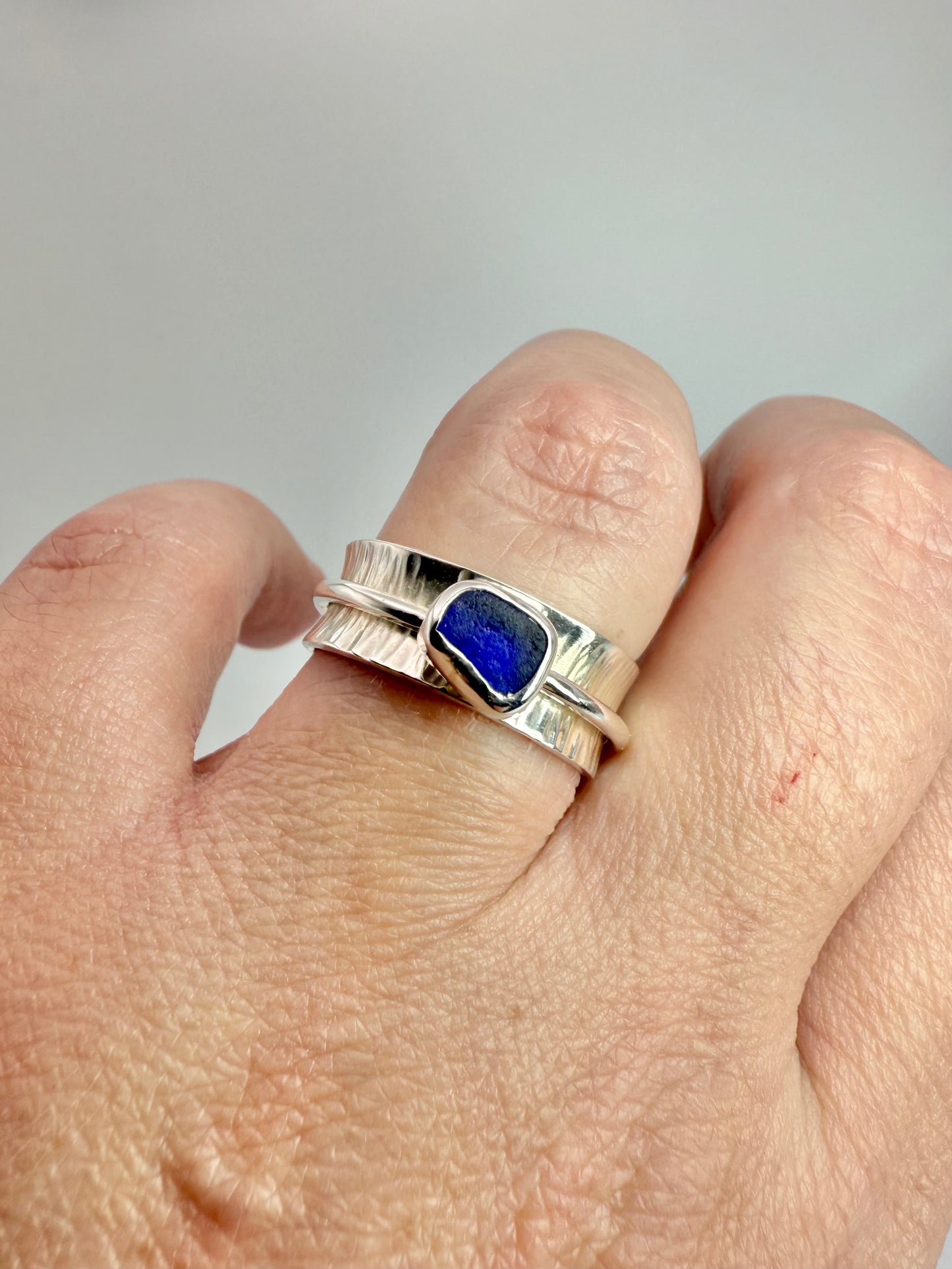 Blue Cornish seaglass spinner ring size P